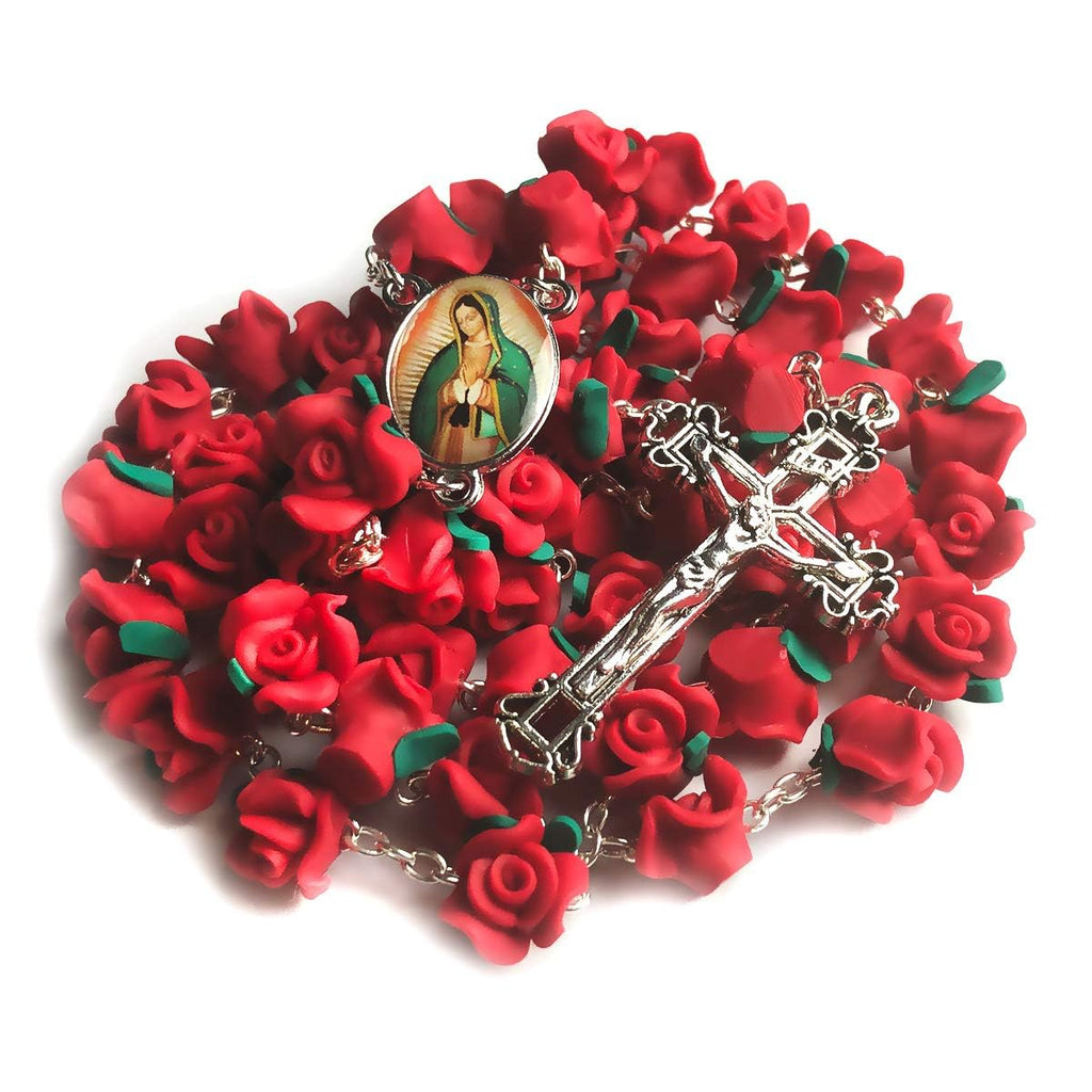 Our Lady of Guadalupe Red Rose Garden Rosary - Antique Silver Crucifix