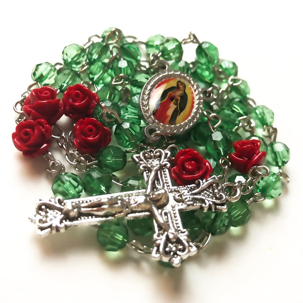 Our Lady of Guadalupe Emerald Green Crystal and Red Rose Rosary