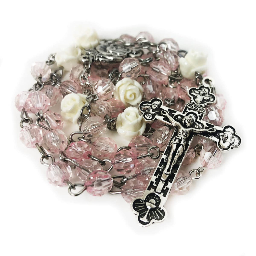 Lourdes Blush Pink Crystal Cut Cream Rose Rosary