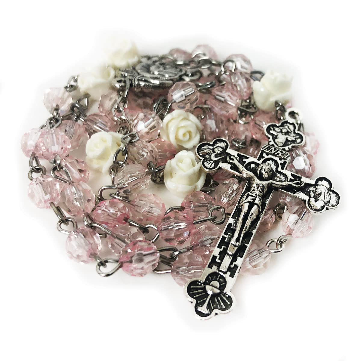 Lourdes Blush Pink Crystal Cut Cream Rose Rosary
