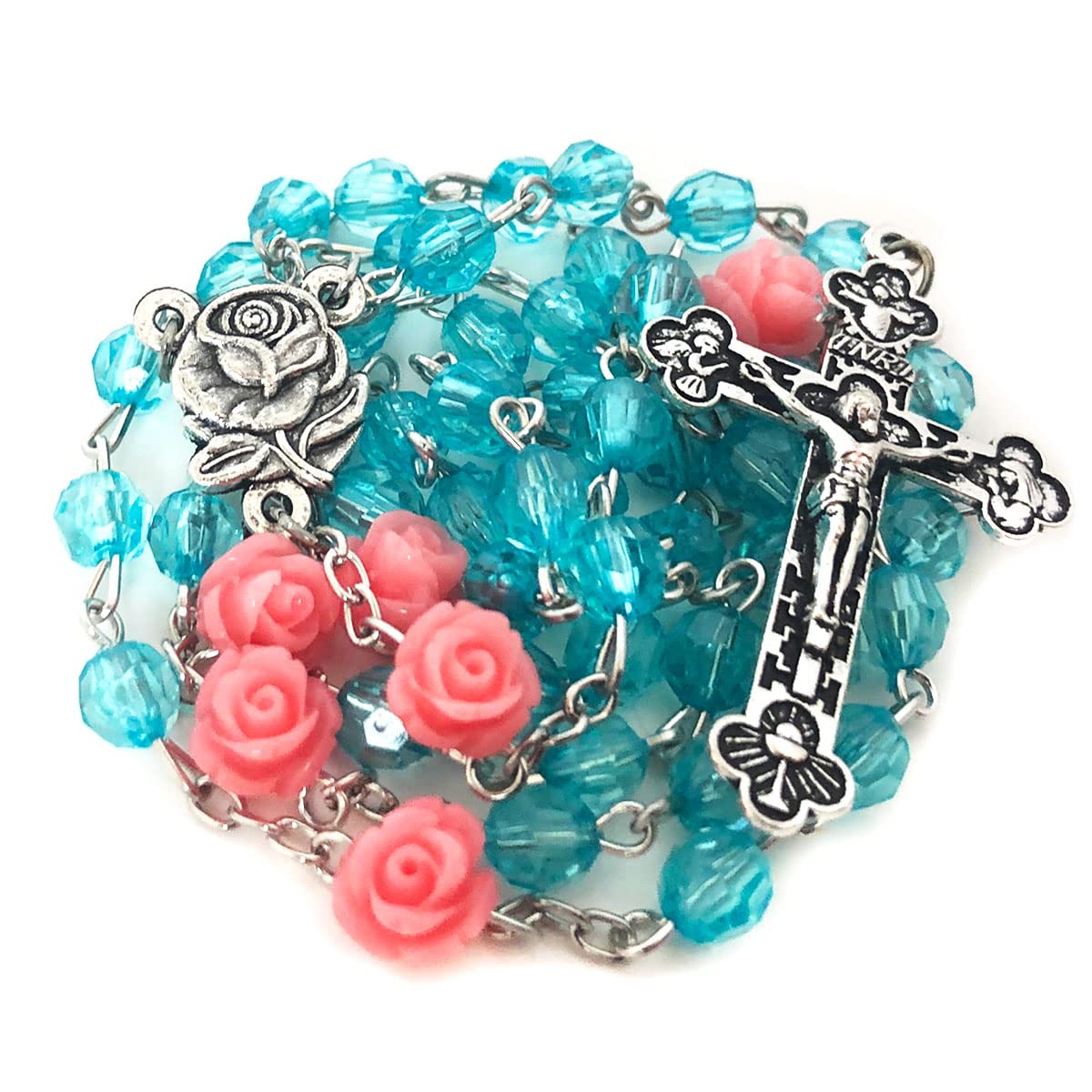 Lourdes Turquoise Crystal Cut Pink Rose Rosary