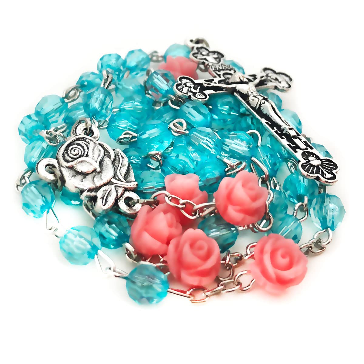 Lourdes Turquoise Crystal Cut Pink Rose Rosary