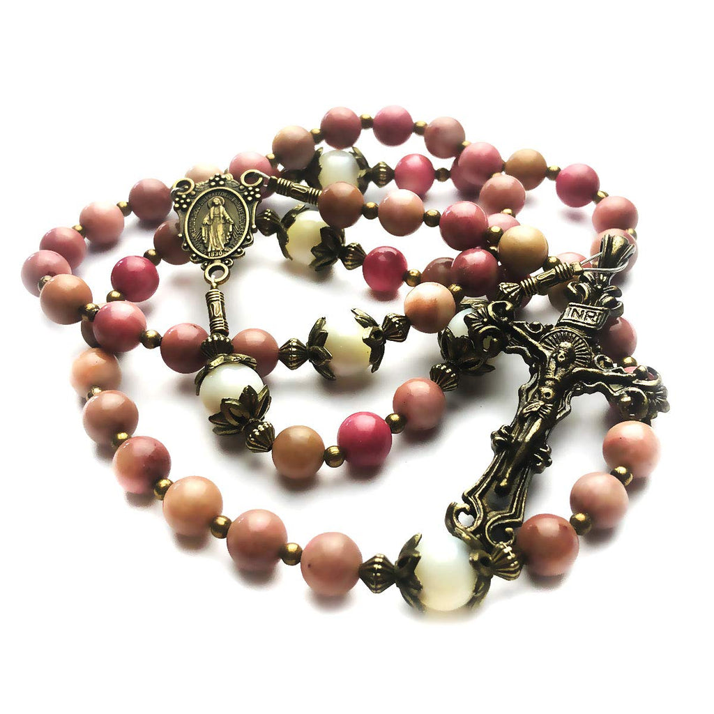 Pink Rhodonite and Mother of Pearl Stone Rosary with Miraculous Medal