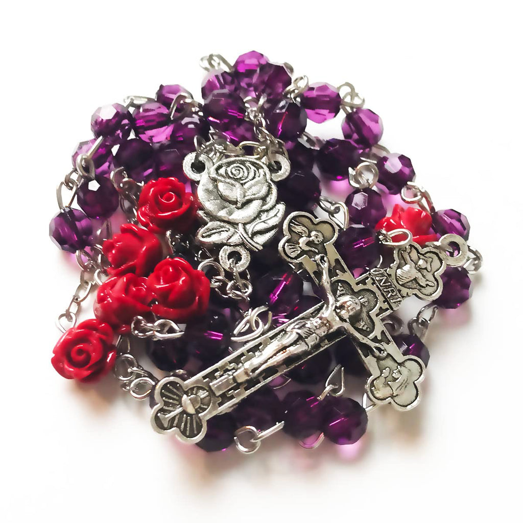 Lourdes Purple Crystal Cut Red Rose Rosary