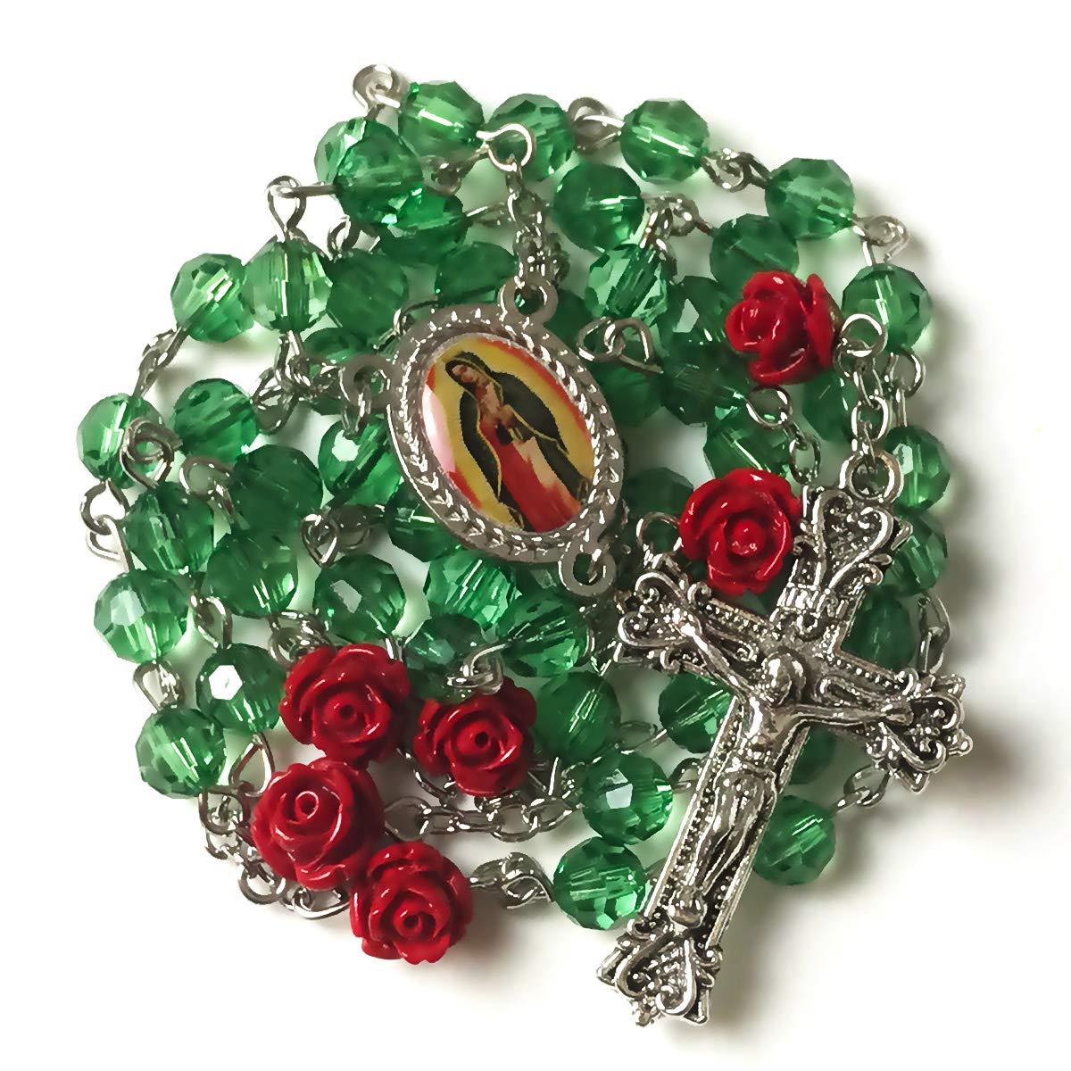 Our Lady of Guadalupe Emerald Green Crystal and Red Rose Rosary