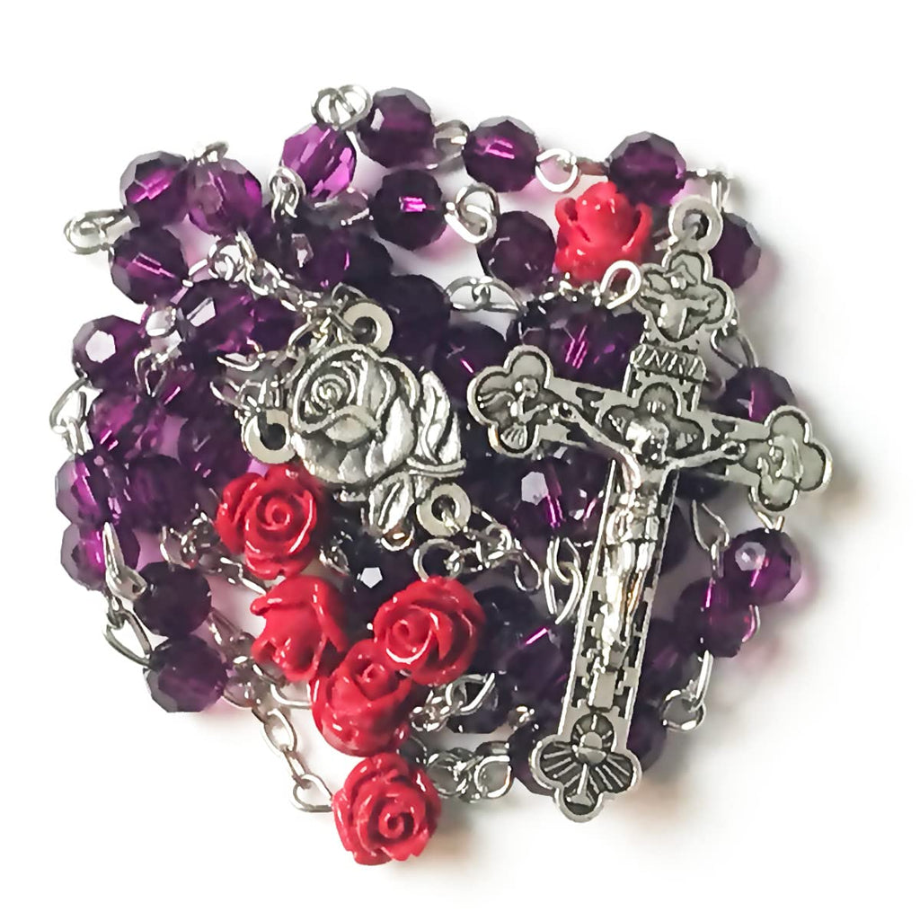 Lourdes Purple Crystal Cut Red Rose Rosary