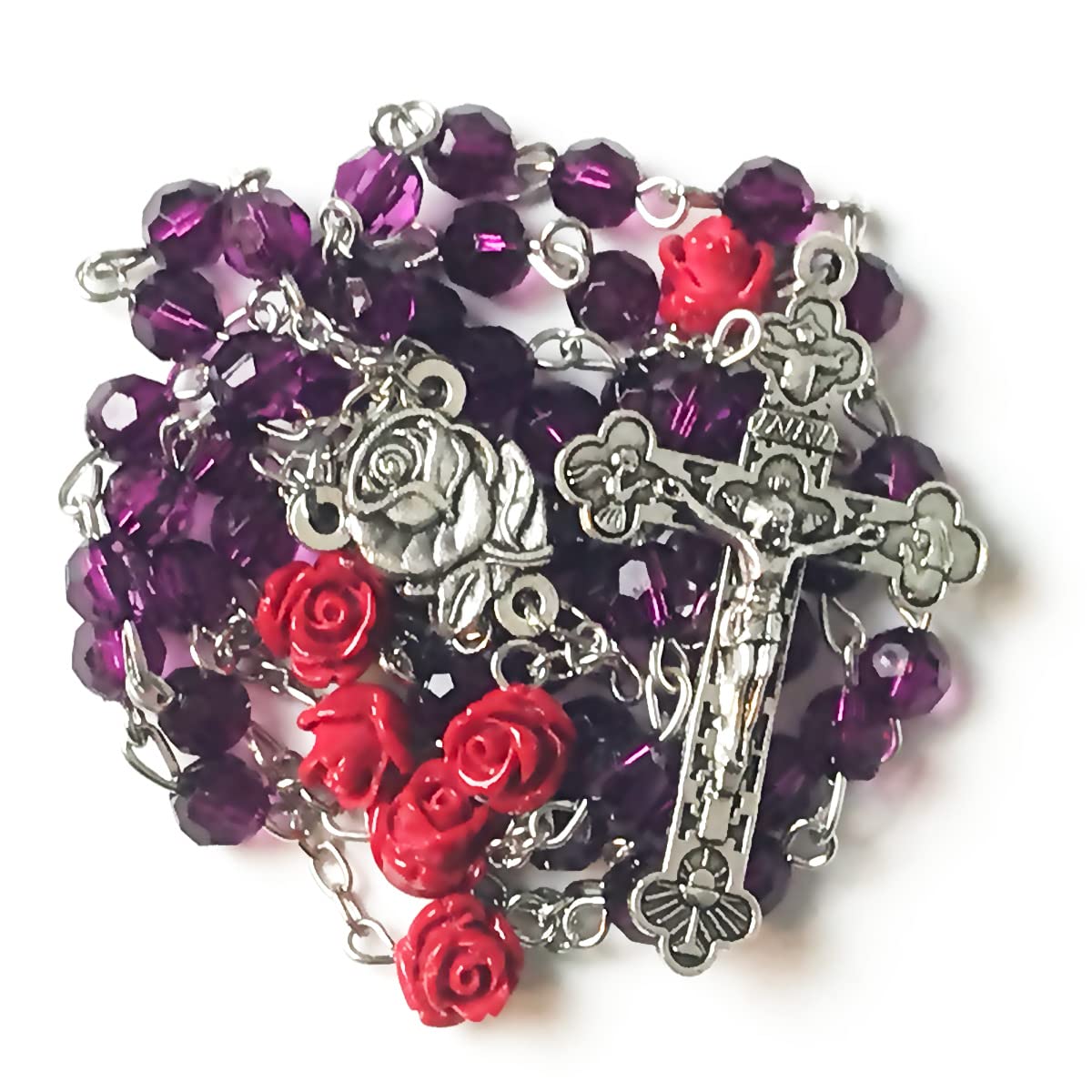 Lourdes Purple Crystal Cut Red Rose Rosary