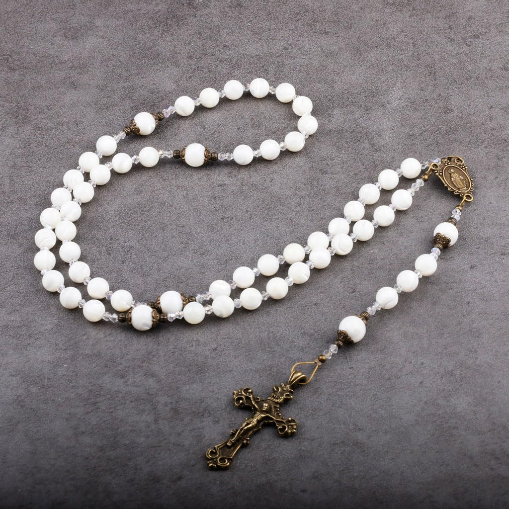 Mother of Pearl 8mm Stone Rosary with Crucifix and Miraculous Medal