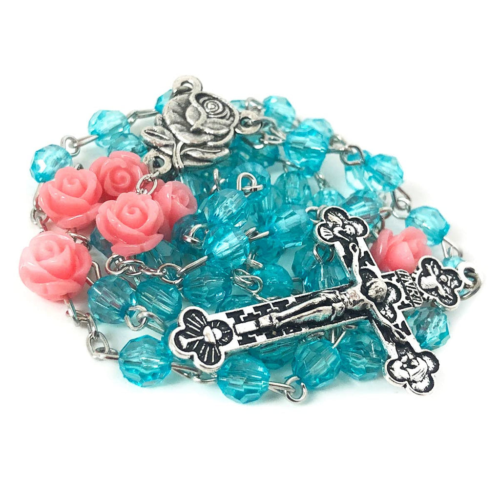 Lourdes Turquoise Crystal Cut Pink Rose Rosary