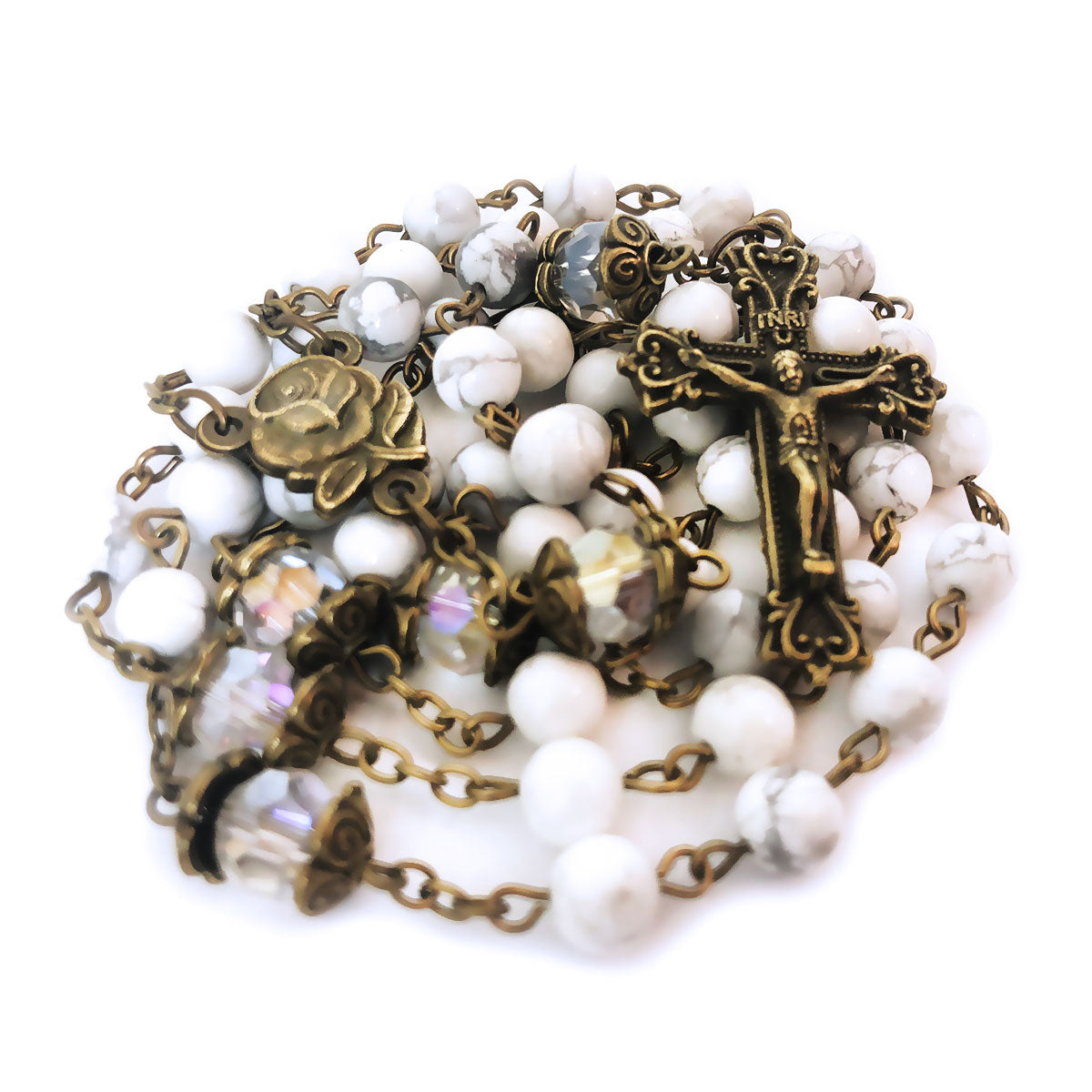 Our Lady of Lourdes White Howlite Stone Rosary Bead and Bracelet Set