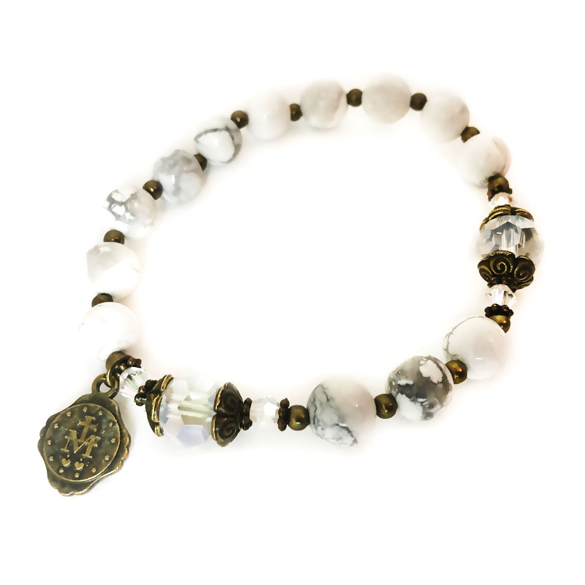 Our Lady of Lourdes White Howlite Stone Rosary Bead and Bracelet Set