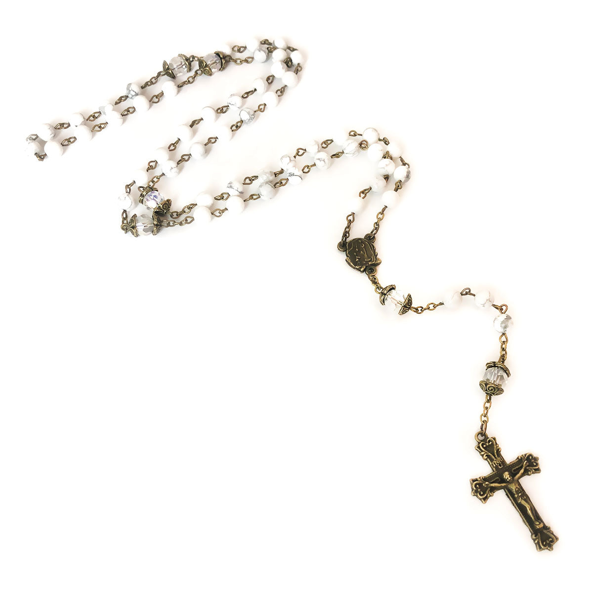 Our Lady of Lourdes White Howlite Stone Rosary Bead and Bracelet Set