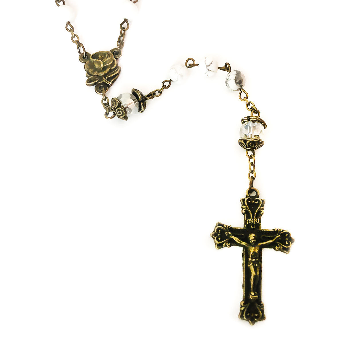 Our Lady of Lourdes White Howlite Stone Rosary Bead and Bracelet Set