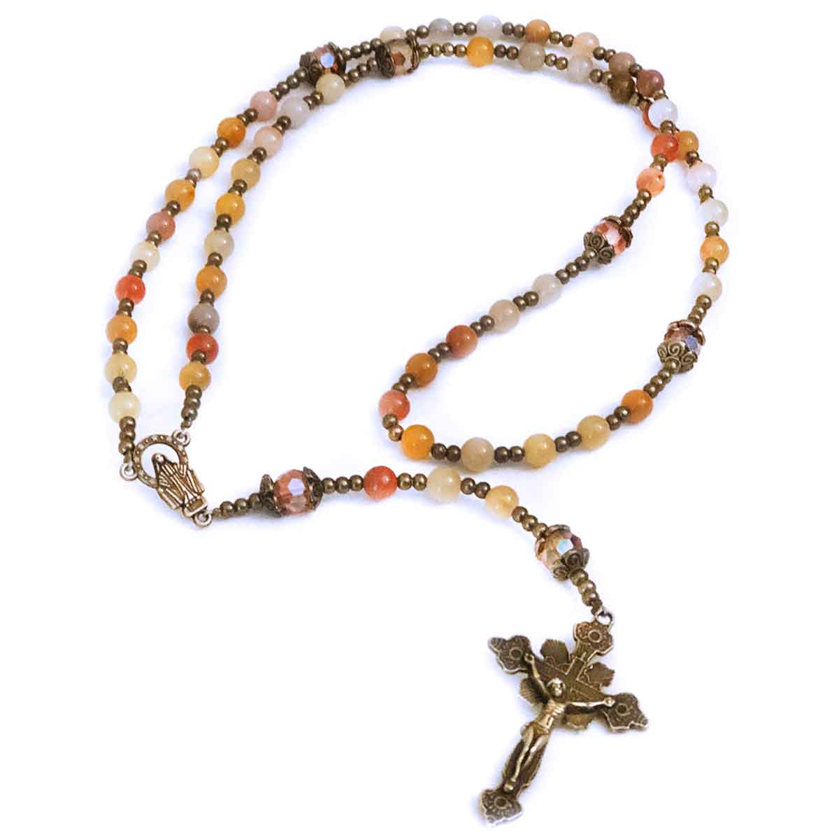 Our Lady of Grace Yellow Multi-Color Jade Stone Rosary and Bracelet Set