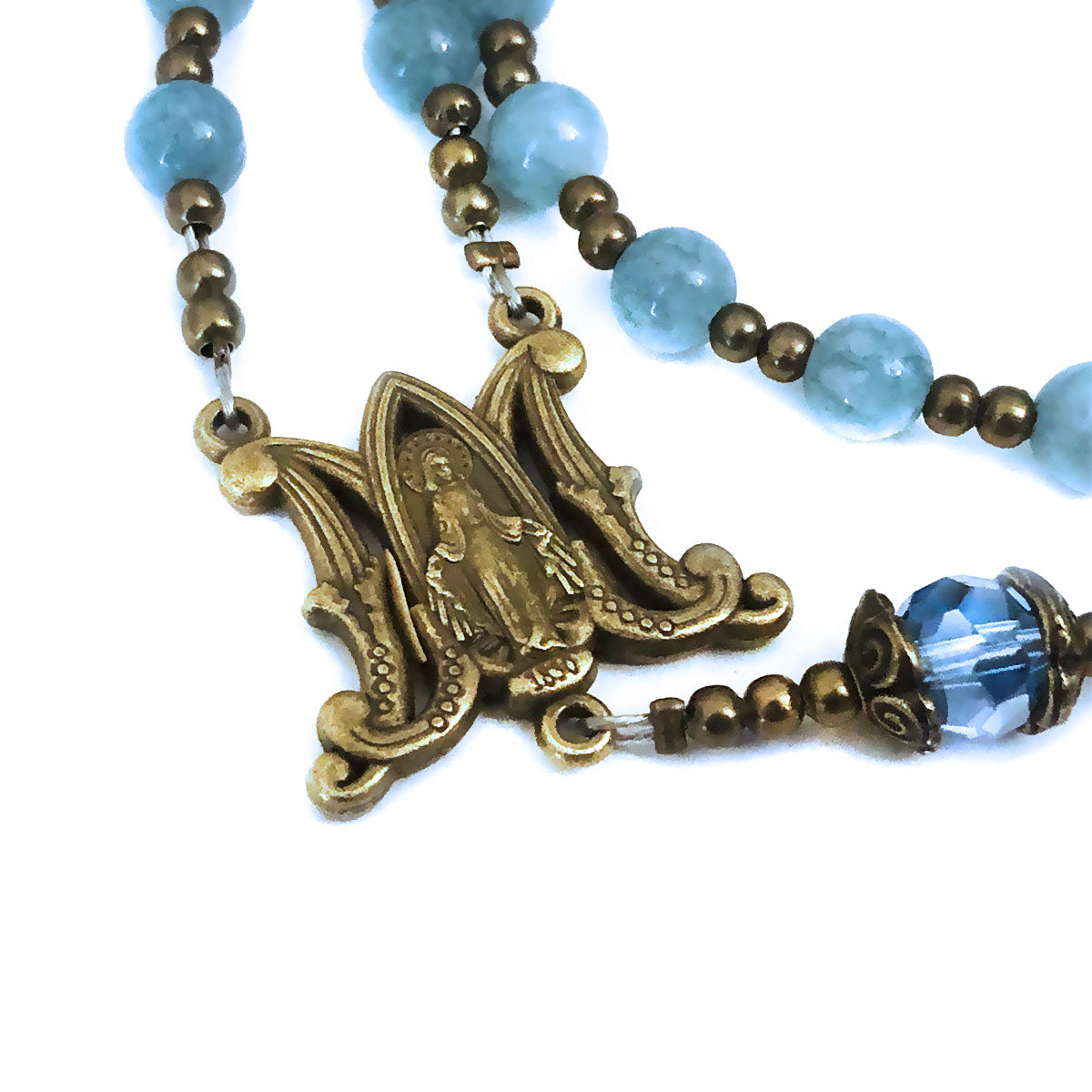 Our Lady of Grace Aquamarine Jade Stone Rosary and Bracelet Set