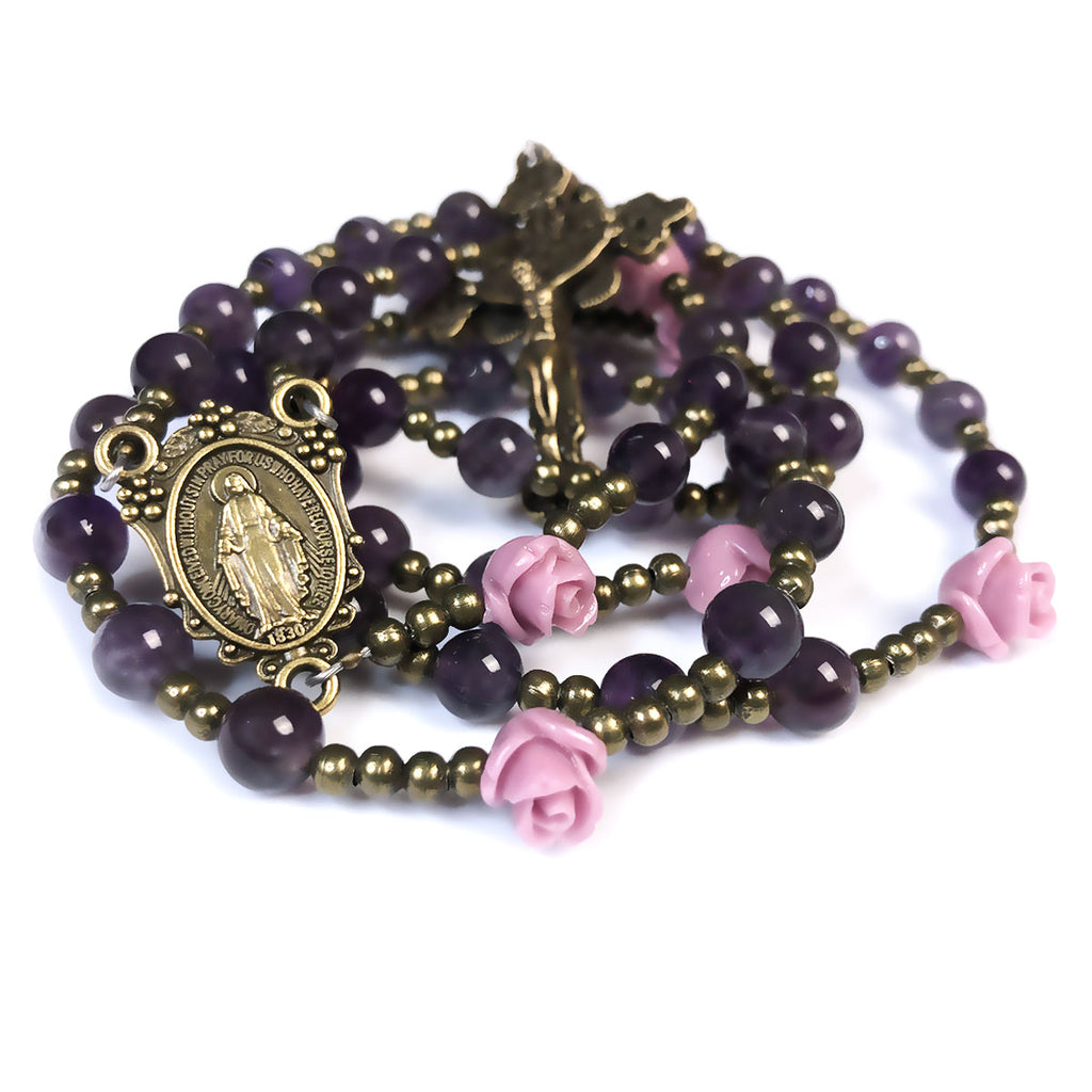 Purple Amethyst Rosary for Women, Lavender Rose Beads