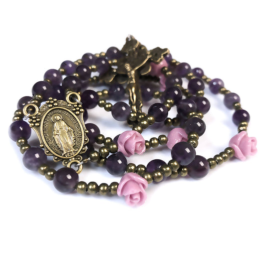 Miraculous Medal Amethyst Purple and Lavender Rose Rosary