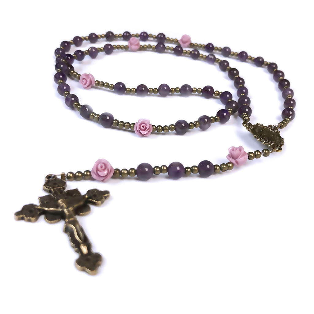 Purple Amethyst Rosary for Women, Lavender Rose Beads