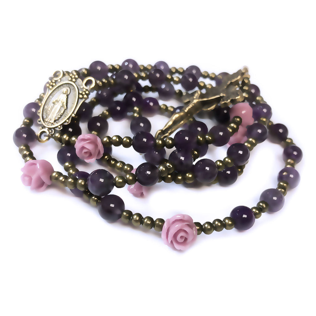 Purple Amethyst Rosary for Women, Lavender Rose Beads