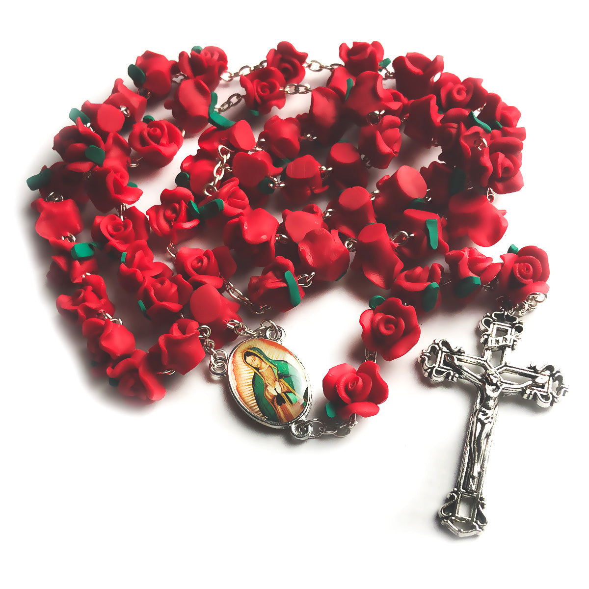 Red Rose Garden Rosary - Antique Silver Finish