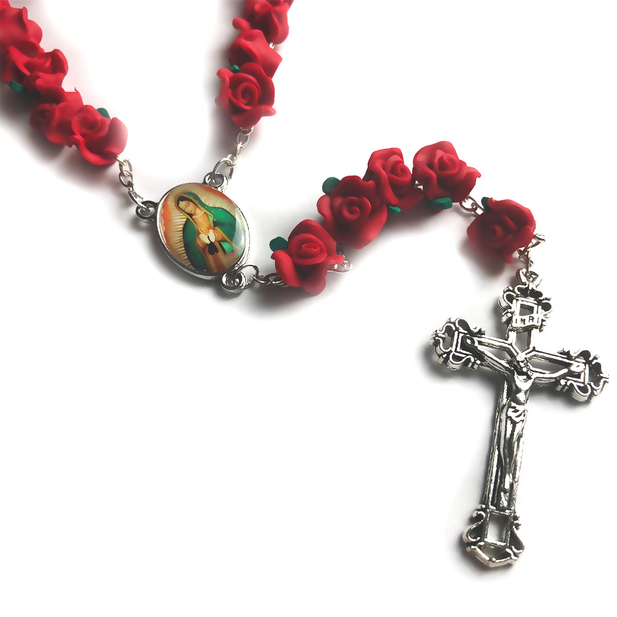 Red Rose Garden Rosary - Antique Silver Finish