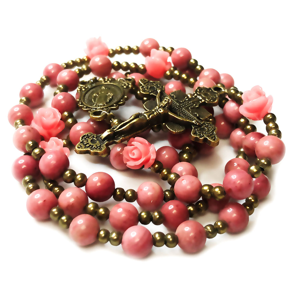 Pink Rhodonite Rosary for Women, Pink Rose Beads