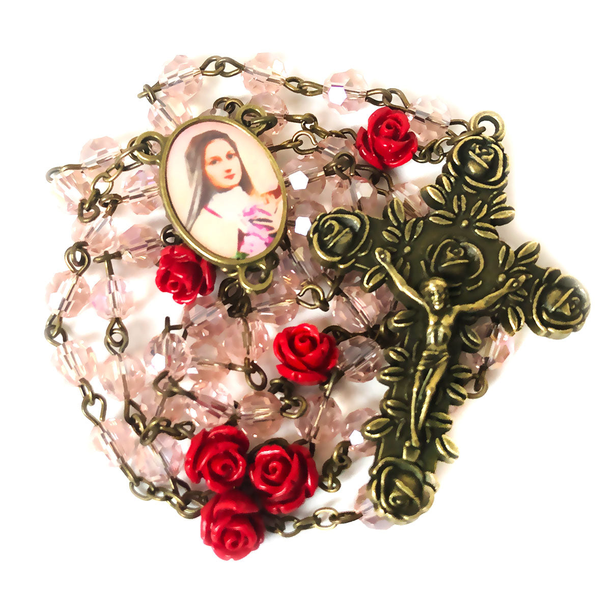 St. Therese the Little Flower Pink Crystal Red Rose Rosary and Bracelet Set