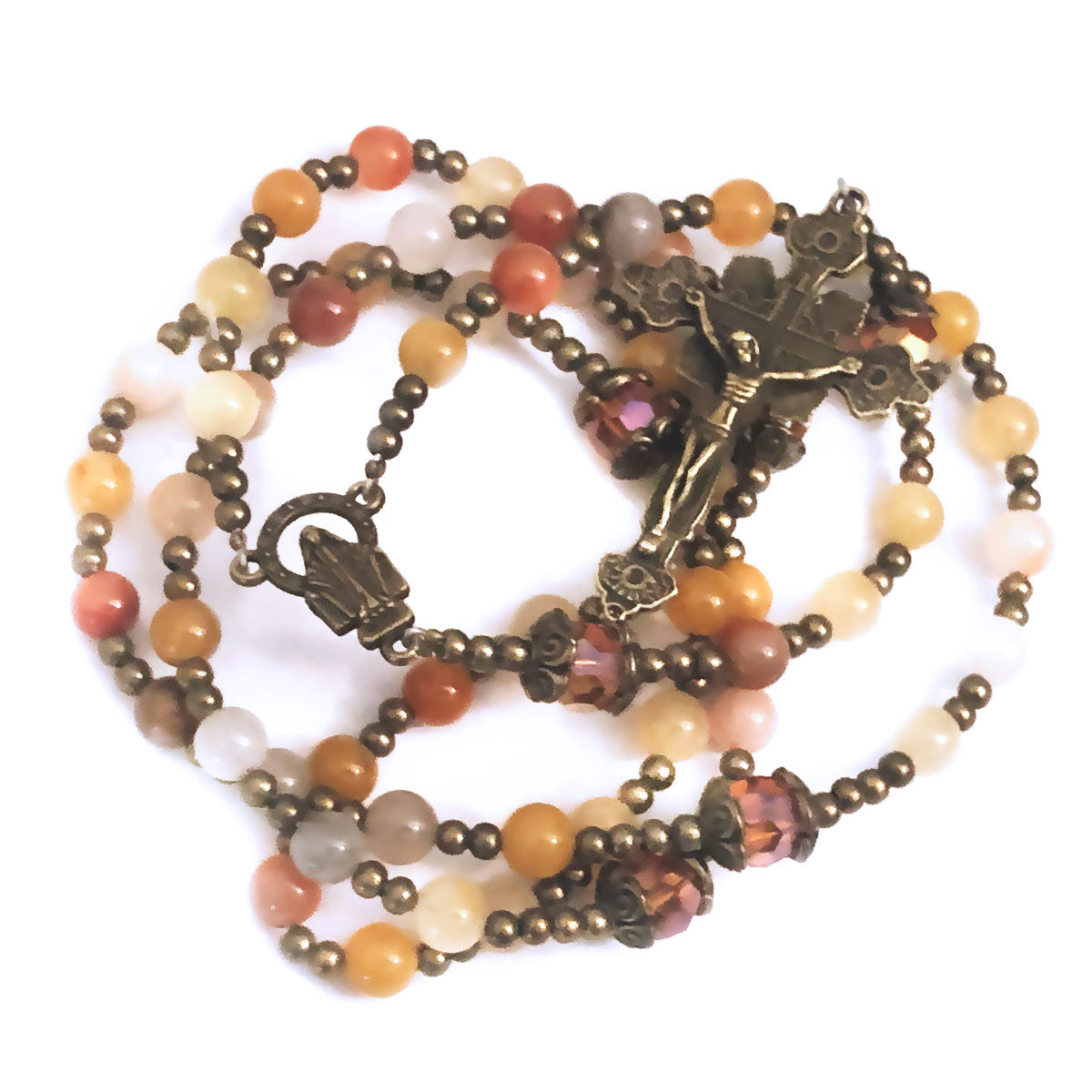 Our Lady of Grace Yellow Multi-Color Jade Stone Rosary and Bracelet Set
